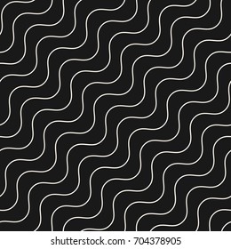 Diagonal thin wavy lines vector seamless pattern. Subtle monochrome background with delicate waves. Simple geometric repeat texture. Dark modern design for decor, digital, web, fabric, linens, textile