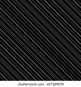 Diagonal thin white lines abstract on black background. Seamless surface pattern design with linear ornament. Angled straight stripes motif. Slanted pinstripe. Striped digital paper for print. Vector.