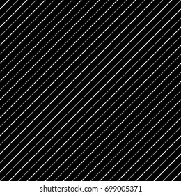 Diagonal thin white lines abstract on black background. Seamless surface pattern design with linear ornament. Angled straight stripes motif. Slanted pinstripe. Striped digital paper for print. Vector.