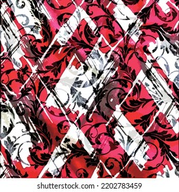 Diagonal tile squares and ivy leaves pattern textile design