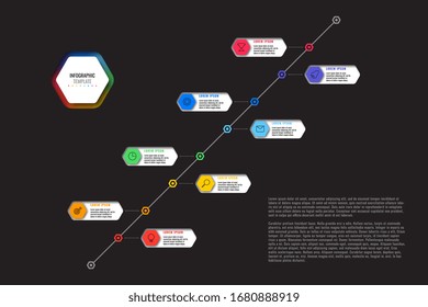 diagonal timeline template with eight realistic hexagonal elements with thin line icons on black background. modern diagram with geometric holes in paper. vector visualisation for presentations