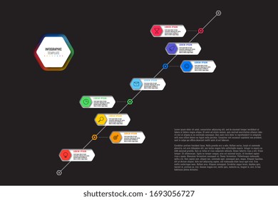 diagonal timeline template with eight realistic hexagonal elements with thin line icons on black background. modern diagram with geometric holes in paper. vector visualisation for presentations