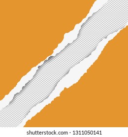 Diagonal torn orange paper strips for text or message are on white squared background. Vector illustration