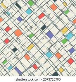 Diagonal unjoined lines that make a grid background with colored rectangles. Cool vector endless. Mesh seamless pattern with colored molecules.
