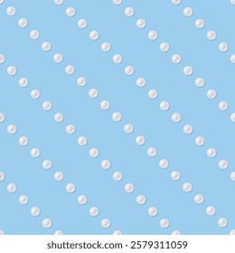 Diagonal vector seamless pattern with glossy white pearls on blue background Elegant, minimal design