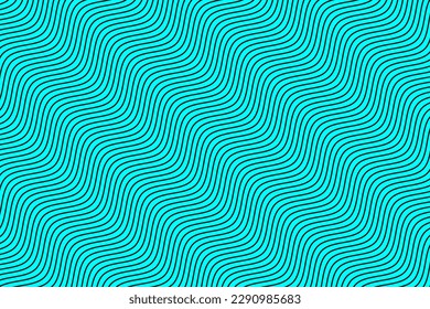 Diagonale Wasserwellenlinien, die Muster wiederholen. Schwarze geometrische Streifen Stoffmuster auf aqua-blauem Hintergrund, Vektorgrafik. Abstrakte optische Täuschungskurve Streifen. Wand- und FußbodenKeramikfliesen.