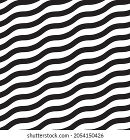 Diagonal wavy black and white seamless vector repeat pattern.