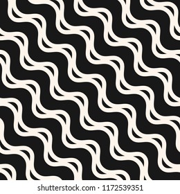 Diagonal wavy lines seamless pattern. Abstract vector texture with waves, stripes, smooth bends. Simple monochrome background. Black and white repeat design for decor, tileable print, interior design