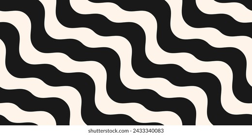 Diagonal wavy lines seamless pattern. Vector abstract liquid lines background. Simple black and white texture with diagonal waves, stripes, fluid shapes. Groovy repeated design for decor, print, cover