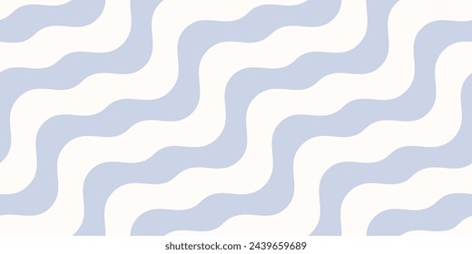 Diagonal wavy lines seamless pattern. Vector abstract liquid lines background. Simple blue and white texture with diagonal stripes, fluid shapes. Stylized minimal illustration of water flow, sea waves