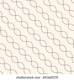 Diagonal Wavy Lines Seamless Pattern. Subtle Abstract Geometric Background. Minimalist Endless Texture. Thin Curved Waves, Chains, DNA. Modern Monochrome Design For Decor, Textile, Furniture, Covers