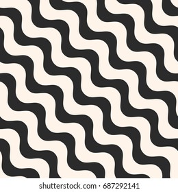 Diagonal wavy lines vector seamless pattern. Simple black & white waves, smooth stripes. Abstract monochrome background, repeat tiles. Modern design element for prints, decor, fabric, furniture, cloth