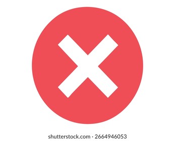 Diagonal marca de la cruz blanca dentro del círculo rojo aislado en el fondo blanco, ilustración gráfica. Concepto de cancelar el Botón, ícono de error, cerrar el símbolo, alerta de interfaz, elemento de diseño.