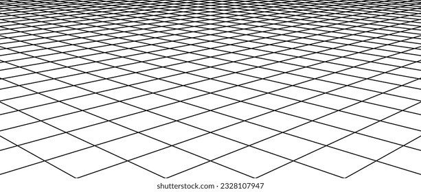 Diagonal wireframe grid. Checkered tile floor landscape. Horizontal chessboard plane in perspective. Black and white flat lattice surface background. Vector illustration 