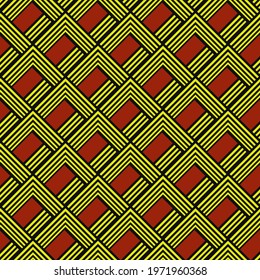 Diagonal yellow stripes and red background. Vector seamless wallpaper or pattern.