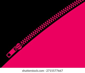Línea de cremallera diagonal con deslizador sobre fondo rosa y negro vívido, ilustración de cierre de moda moderna audaz para ropa, textiles y Diseños gráficos. Ilustración vectorial.