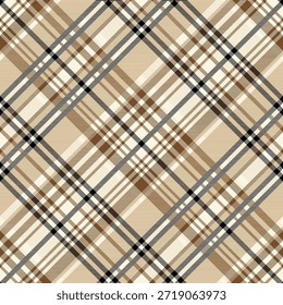 Un patrón de cuadros alineados diagonalmente con líneas que se cruzan en marrón, beige, negro y blanco, formando una cuadrícula de cuadrados y rectángulos con simetría equilibrada y rica textura visual.