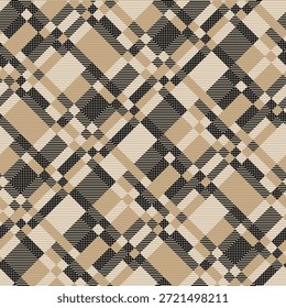 Um padrão xadrez alinhado diagonalmente de diamantes bege, preto e branco sobrepostos apresenta texturas alternadas — sólidas, listradas e pontilhadas — para um design nítido e em camadas com contraste rítmico e profundidade visual.
