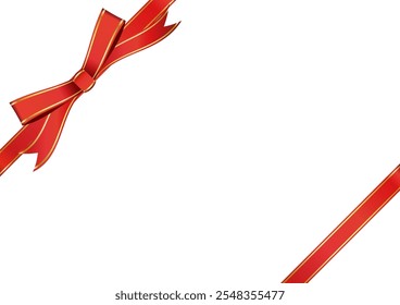 Diagonally applied red satin ribbon with gold line Gift or message card