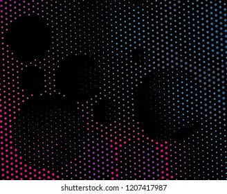 Diagonally dotted lines. Bright neon circles on black background. Vector illustration