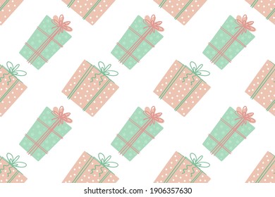 Diagonally seamless pattern gift box illustrations. Simple cute style. Universal colors. Suitable for any holiday, event, celebration.