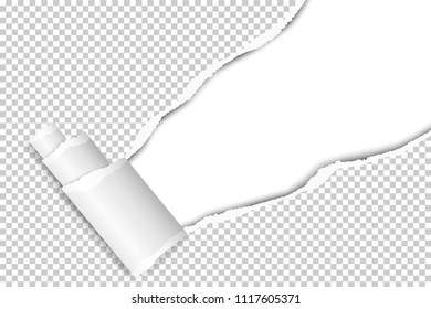 Diagonally snatched middle of transparent paper from upper right corner to lower left with white background and paper curl. Vector template paper design.