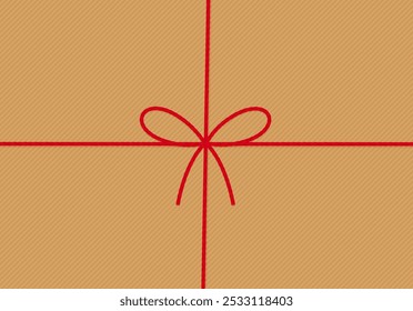 Diagonally striped craft paper background, gift tied in the center with cotton red rope, bow and ribbons. Packing rope for decoration, gift, pastry boxes for New Year, Christmas. Vector EPS10