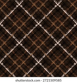 Patrón de cuadros diagonalmente estructurados de líneas y cuadrados que se cruzan en marrón, negro y beige presenta texturas alternas sólidas, rayadas y punteadas que crean una rejilla de diamantes ricamente estratificada con simetría clásica y profundidad visual.
