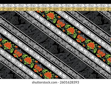 diagonally-oriented textile pattern featuring stripes with floral and paisley elements on a black background, for textile, wallpaper, gift wrapping.
