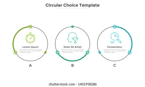 Diagram with 3 circular elements arranged in horizontal row. Concept of three business options to choose. Simple infographic design template. Modern vector illustration for presentation, brochure.
