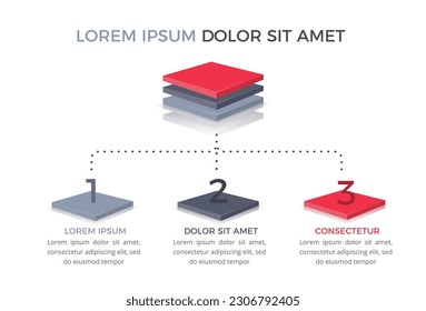 Diagram with 3 elements with 3D squares, flowchart with 3 elements, vector eps10 illustration