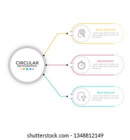 Diagram with 3 elements connected to main circle. Concept of three features or stages of business process. Linear infographic design template. Modern vector illustration for presentation, report.