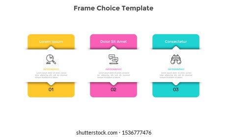 Diagrama con 3 elementos rectangulares o tarjetas colocadas en fila horizontal. Concepto de tres opciones de negocio a elegir. Plantilla moderna de diseño gráfico. Mínima ilustración vectorial plana para banner.