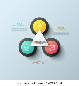 Diagram with 3 round elements, thin line pictograms inside them and white triangle in center. Three options to choose concept. Creative infographic design layout. Vector illustration for brochure.