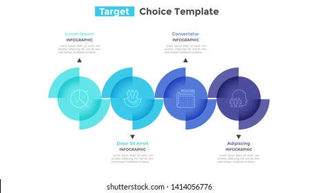 Diagram with 4 colorful round elements placed in horizontal row. Concept of choice between four business goals. Minimal infographic design template. Vector illustration for presentation, banner.
