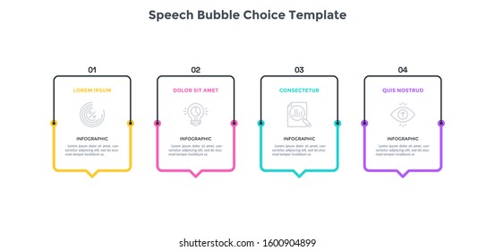 Diagram with 4 numbered speech balloons. Concept of four startup company's services to select. Minimal infographic design template. Flat modern vector illustration for business presentation, banner.