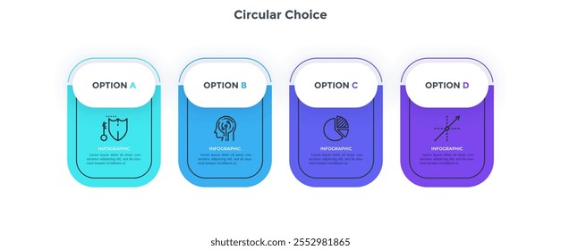 Diagrama com 4 elementos retangulares colocados na linha horizontal. Conceito de quatro etapas de desenvolvimento de projetos de inicialização. Modelo de design infográfico mínimo. Ilustração vetorial moderna para apresentação.