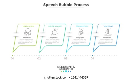 Diagram with 4 speech balloons arranged in horizontal row. Concept of four business messages. Minimal infographic design template. Linear vector illustration for presentation, banner, report.