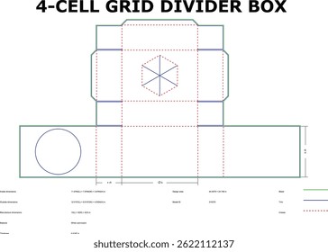 Diagram of a 4-cell grid divider box layout showing dimensions cut lines and assembly guidelines for packaging and product organization.