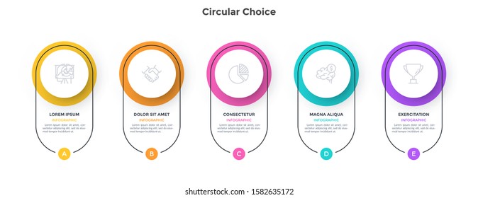 Diagram with 5 colorful circular elements. Concept of five successive stages of business plan. Simple infographic design template. Flat vector illustration for presentation, business analytics.