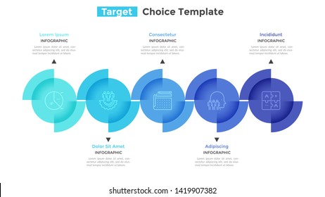 Diagram with 5 colorful round elements placed in horizontal row. Concept of choice between five business goals. Minimal infographic design template. Vector illustration for presentation, banner.