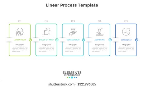 Diagram with 5 linear rectangular elements arranged into horizontal row. Five steps of business progressive development. Minimal infographic design template. Vector illustration for presentation.