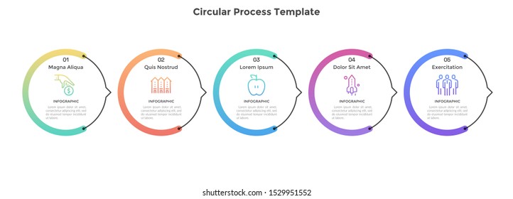 Diagram with 5 separate round elements with pointers placed in horizontal row. Concept of five successive steps of business plan. Flat infographic design template. Vector illustration for banner.