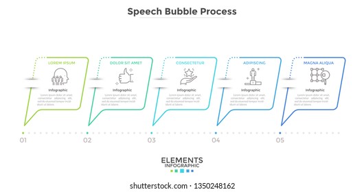 Diagram with 5 speech balloons arranged in horizontal row. Concept of five business messages. Minimal infographic design template. Linear vector illustration for presentation, banner, report.