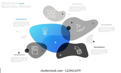 Diagram with 5 translucent intersected shapes, linear icons and place for text. Concept of abstract business model. Minimal infographic design template. Vector illustration for pitch deck, brochure.
