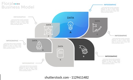 Diagram with 6 abstract leaves on branch, thin line symbols and place for text. Concept of floral business model. Infographic design template. Vector illustration for investment project visualization.