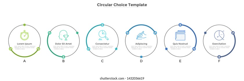 Diagram with 6 circular elements arranged in horizontal row. Concept of six business options to choose. Simple infographic design template. Modern vector illustration for presentation, brochure.