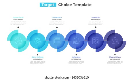 Diagram with 6 colorful round elements placed in horizontal row. Concept of choice between six business goals. Minimal infographic design template. Vector illustration for presentation, banner.