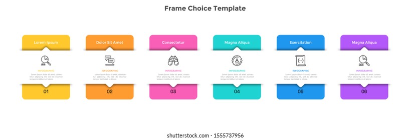 Diagram with 6 rectangular elements or cards placed in horizontal row. Concept of six business options to choose. Modern infographic design template. Minimal flat vector illustration for banner.