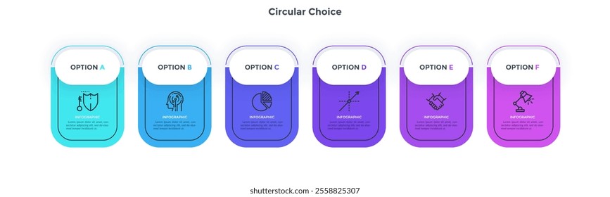 Diagram with 6 rectangular elements placed in horizontal row. Concept of six steps of startup project development. Minimal infographic design template. Modern vector illustration for presentation.